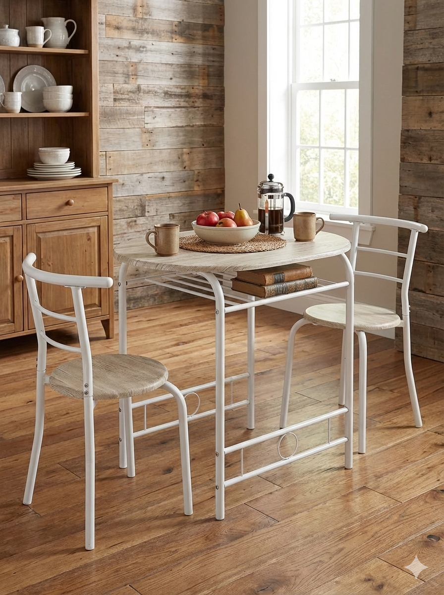 3-Piece Dining Set for 2 – Minimalist Wooden Table + 2 Metal Frame Chairs