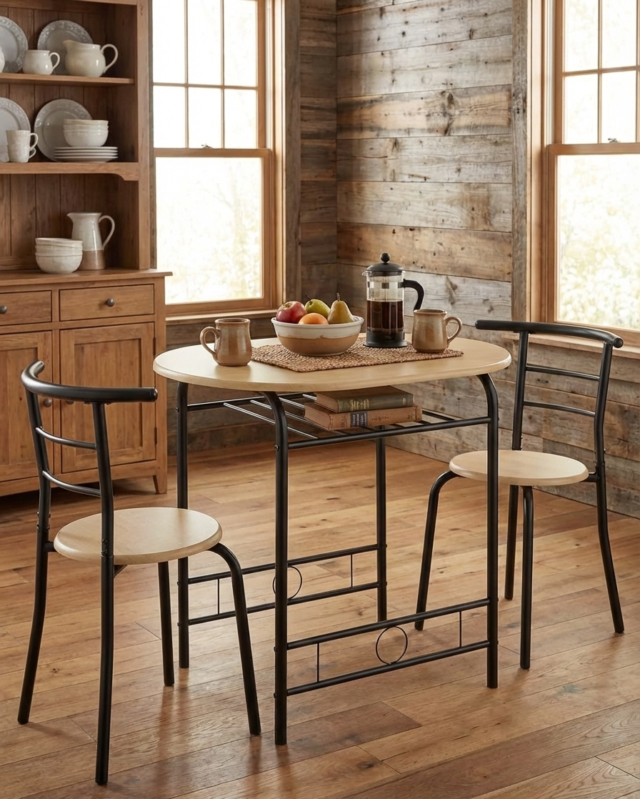3-Piece Dining Set for 2 – Minimalist Wooden Table + 2 Metal Frame Chairs