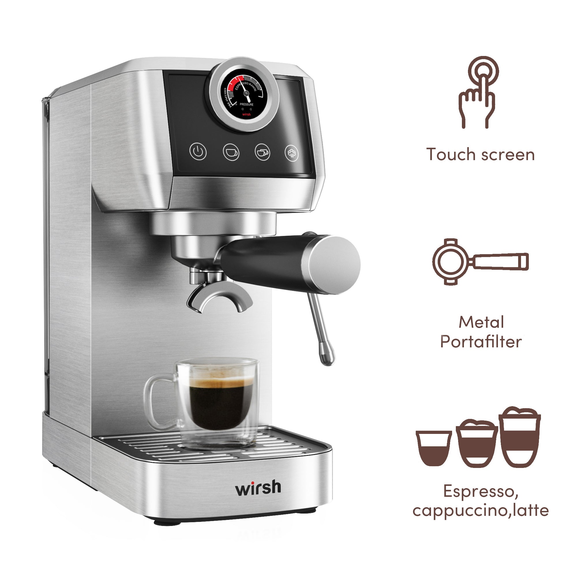 Wirsh 20 Bar Espresso Machine with Plastic Free Portafitler and Steamer, Pressure Gauge, Touch Screen, Full Stainless Steel (Home Barista Plus)