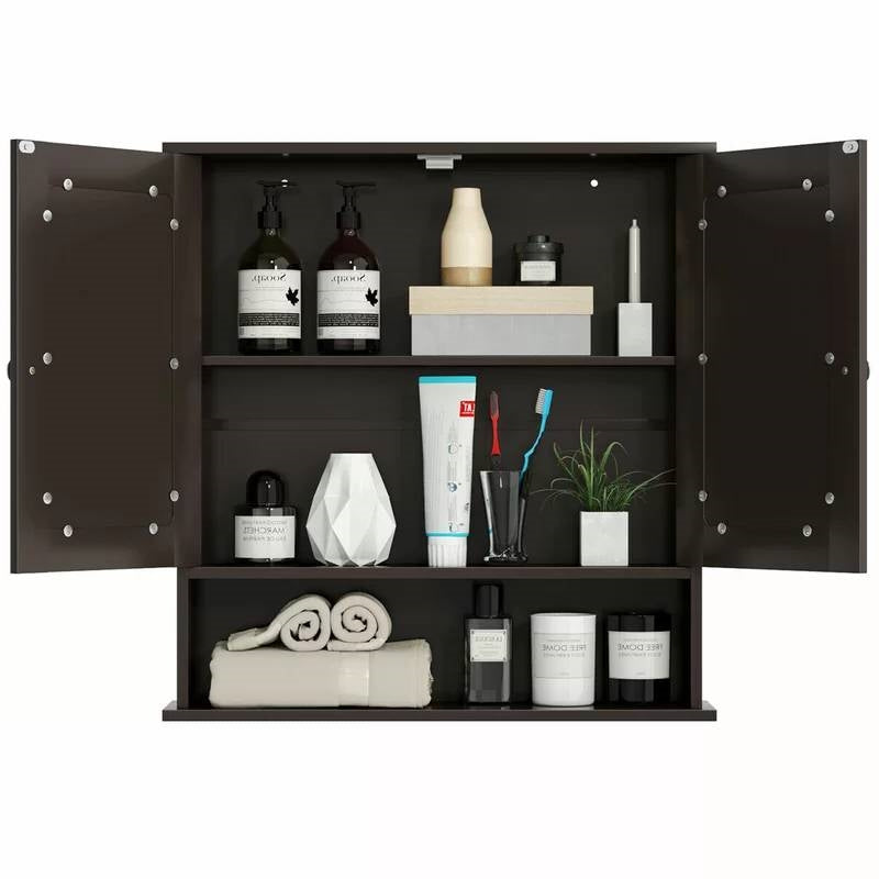 Brown Wooden Bathroom Wall / Medicine Cabinet with Mirrored Doors and Shelf
