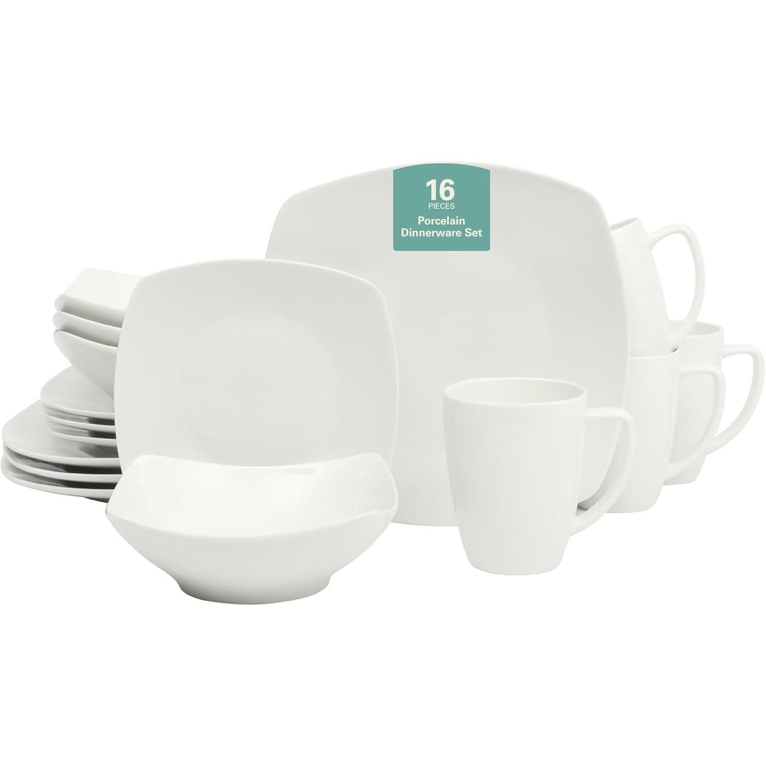 16 Pieces - White Square Porcelain Dinnerware Set - Service for 4