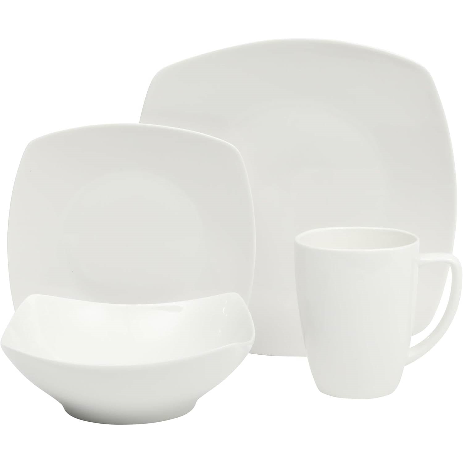 16 Pieces - White Square Porcelain Dinnerware Set - Service for 4