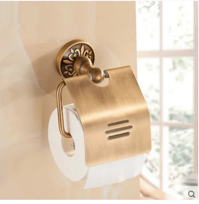 DecorBites™ Antique Bronze Carved Bathroom Accessories Set: Towel Rack, Paper Holder, Toilet Brush Holder, Hooks