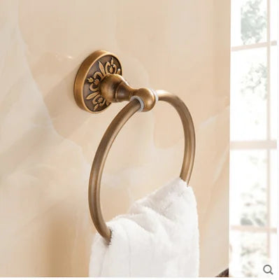 DecorBites™ Antique Bronze Carved Bathroom Accessories Set: Towel Rack, Paper Holder, Toilet Brush Holder, Hooks