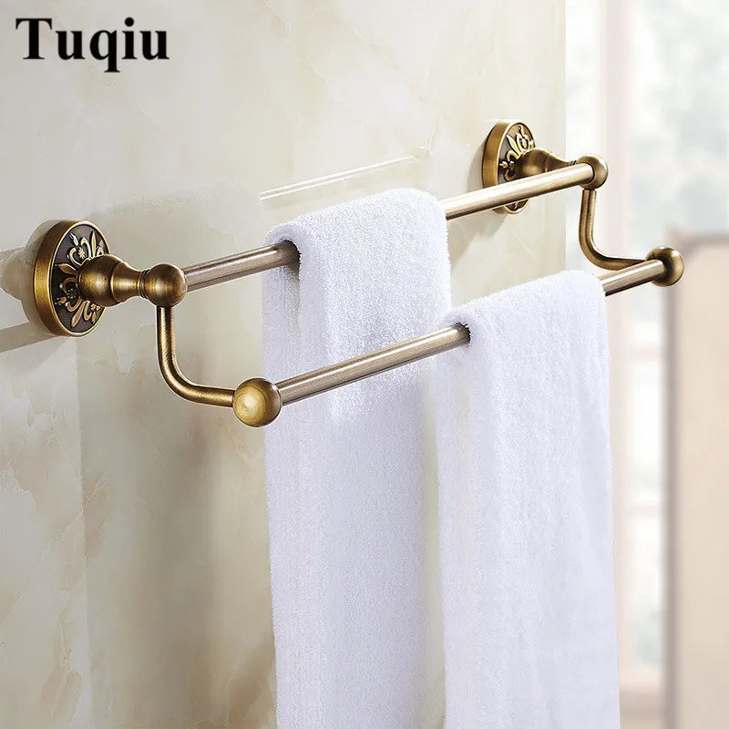 DecorBites™ Antique Bronze Carved Bathroom Accessories Set: Towel Rack, Paper Holder, Toilet Brush Holder, Hooks