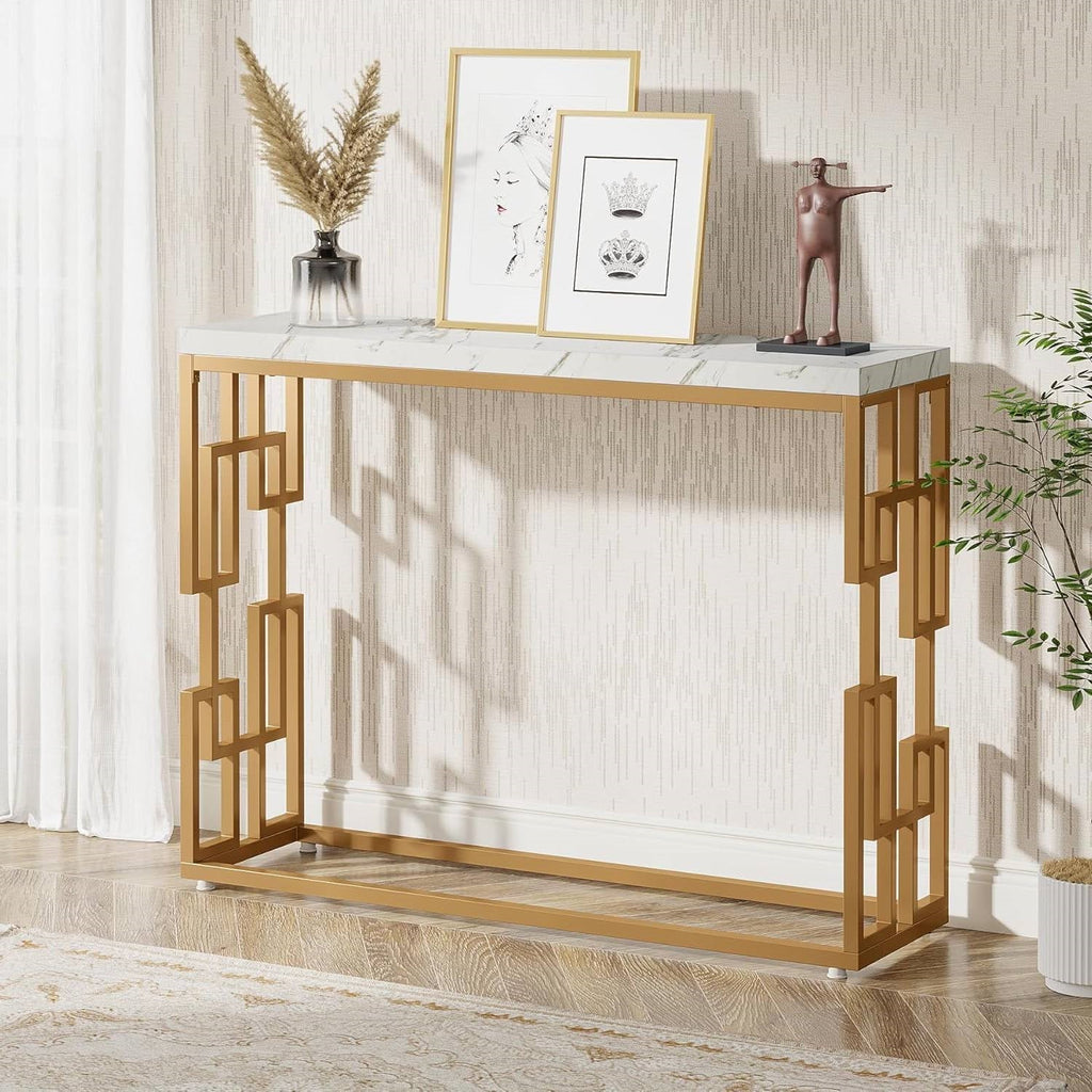 42-inch Modern Console Sofa Table with White Faux Marble Top and Gold Frame