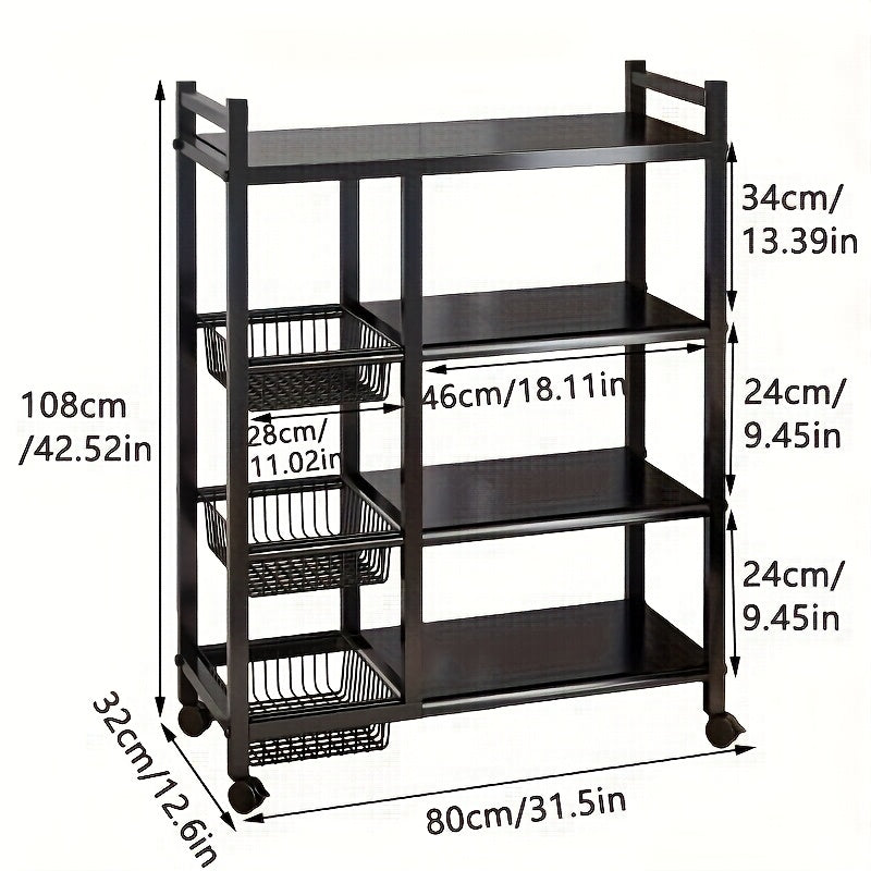 4-Tier Rolling Storage Rack with Baskets, Metal Utility Shelf on Wheels, Kitchen Garage Organizer