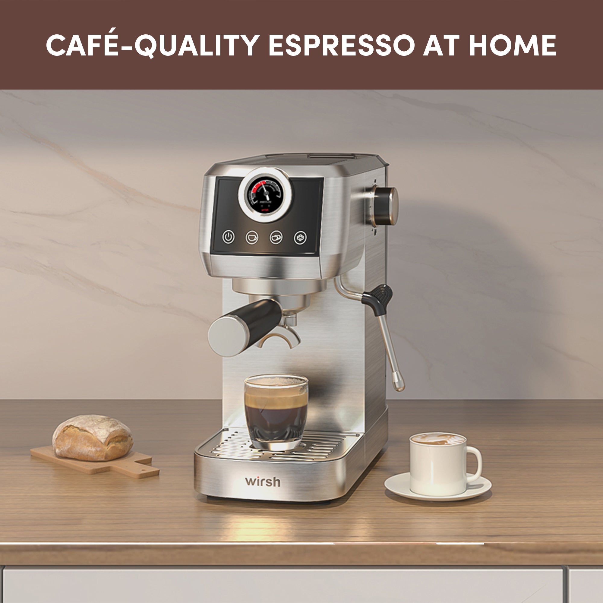 Wirsh 20 Bar Espresso Machine with Plastic Free Portafitler and Steamer, Pressure Gauge, Touch Screen, Full Stainless Steel (Home Barista Plus)